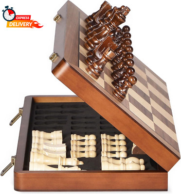 15'' Wooden Chess Set with Magnetic Pieces - Extra Queens - Folding Chessboard Po