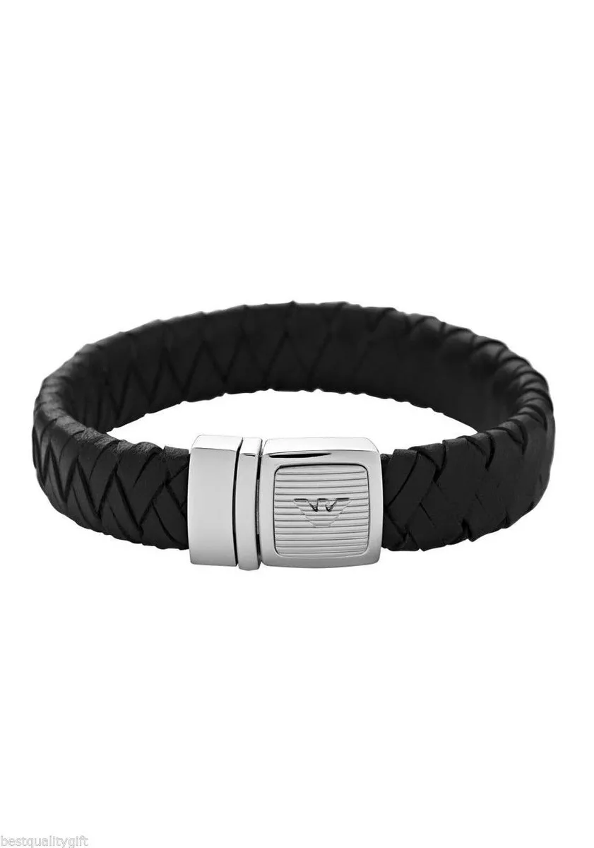 NEW EMPORIO ARMANI STEEL SILVER TONE BLACK BRAIDED LEATHER CUFF BRACELET EG2889