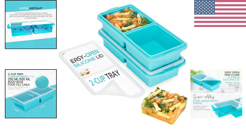 Silicone Freezer Tray Set with Lids - 2-Cup Portions for Efficient Meal Prep Foto 2 de 4