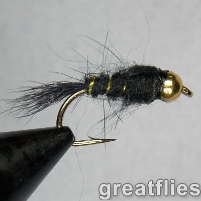 #ad 1 dozen 12 Gold Ribbed Hare#x27;s Ear BLACK Bead Head $7.90