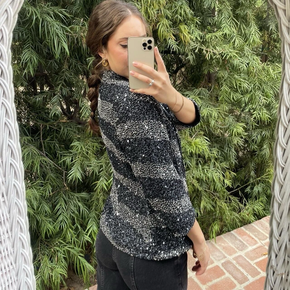 Blazer Chaqueta Vintage Diva By Embex Plateado Y Negro Lentejuelas Talla L Foto 4 de 4