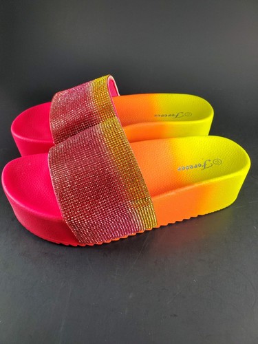 NWOT Platform Women's Neon Pink/Yellow/Orange Slides Rhinestone Size 7.5 - 8 Y2K - Picture 2 of 8