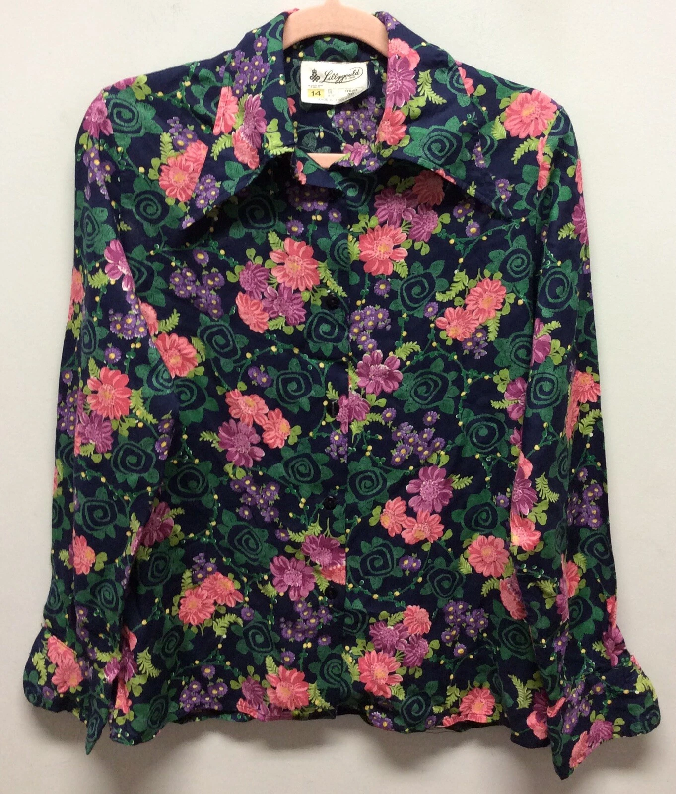 Beautiful 1970s Lillygould Brushed Cotton Floral Shirt With Wing Collar UK 10