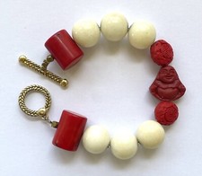 Brazalete Budda Cinabrio Rojo Coral y Blanco Cuentas Naturales Tono Plata Cierre 8""