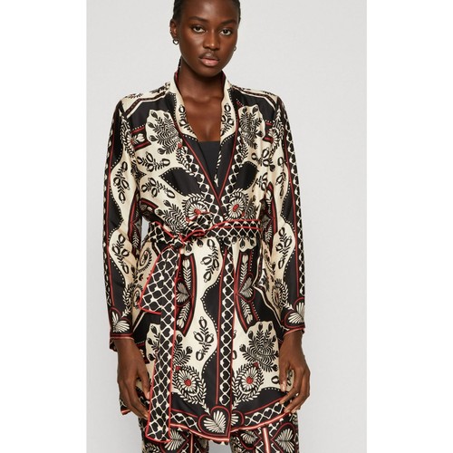 FARM RIO Passion Kimono Black Red Boho Belted Summer Jacket Robe Womens Small