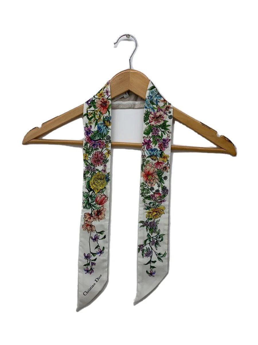 Foulard Christian Dior D floral mitza soie blanc ruban floral étroit D Occasion