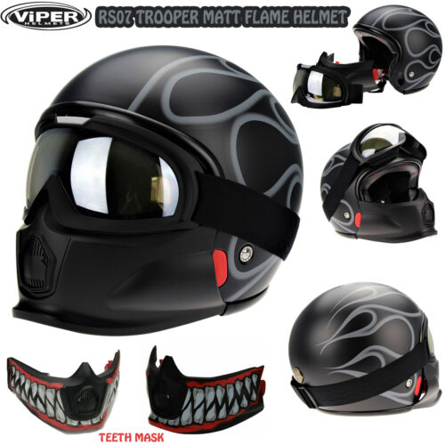 OPEN FACE MOTORCYCLE TROOPER HELMET WITH GOGGLE + MASK ECE VIPER RS07 MATT FLAME - Picture 1 of 9