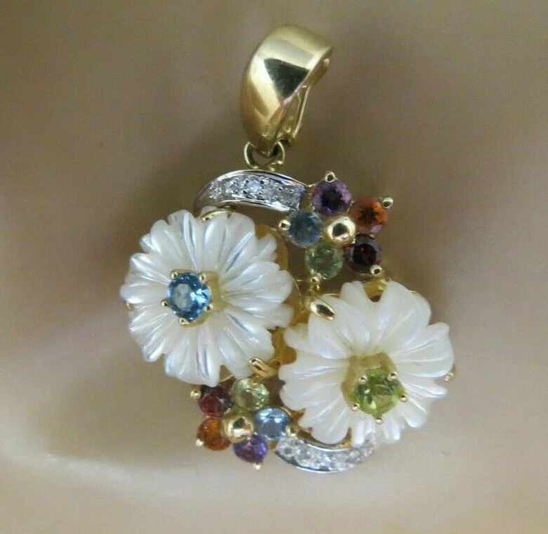 14k 吊坠钻石多色宝石黄金拖把雕刻花 SBT 5.6 克 — 第 4/4 张图片