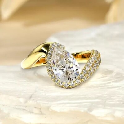 5ctw Lab Created Pear & Round Cut Diamond Bypass Engagement Ring 14K Gold Plated