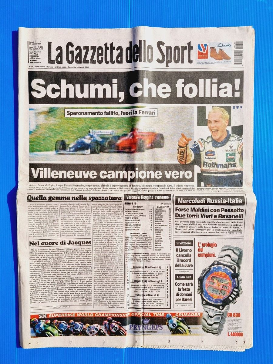 Gazetta Dello Sport 12 Avril 1997 : Villeneuve, Biaggi, Baggio, Moratti, Torino
