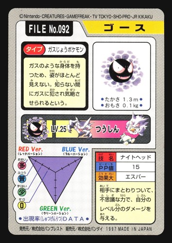 GASTLY NO. 092 CARDDASS SERIES 3-4 POCKET MONSTERS POKEMON JAPANESE - Picture 12 of 48