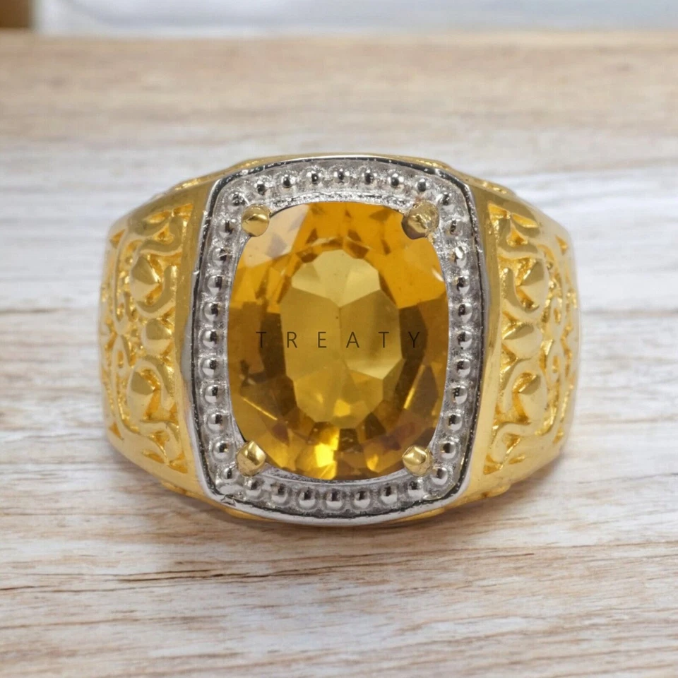 Cojín de citrino corte con anillo chapado en oro de plata de ley 925 para hombre #867 Foto 4 de 4