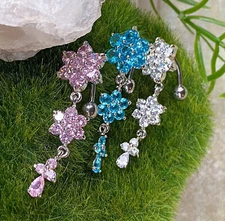 1pc Reverse Triple Flower CZ Gem Dangle Belly Ring Navel Piercing Naval Jewelry