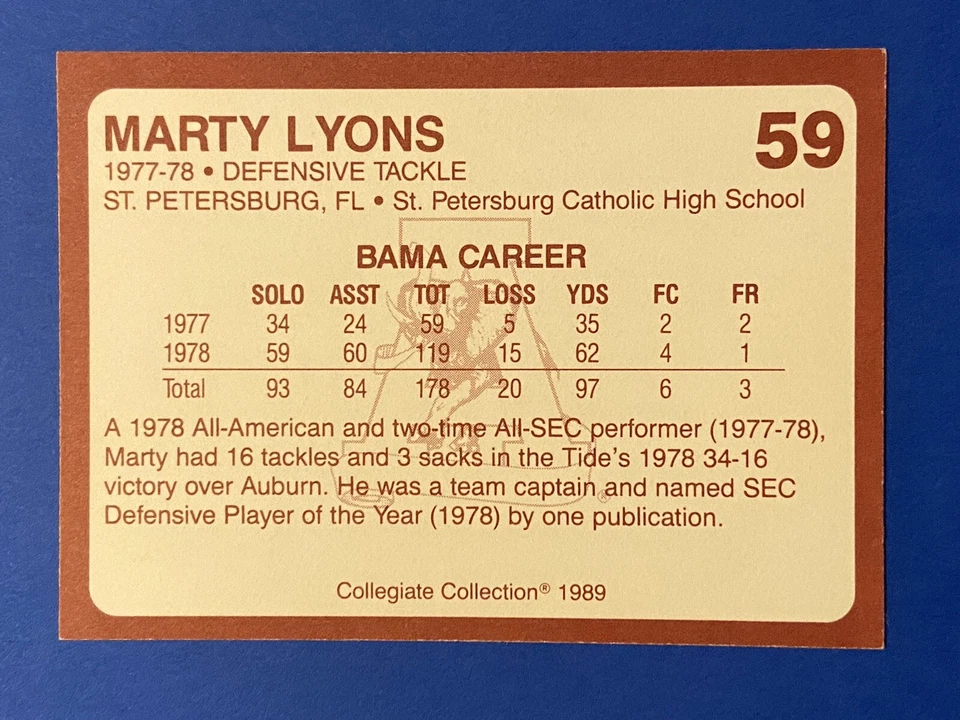 MARTY LYONS “ROLL TIDE” Signed 1989 Collegiate Collection Alabama Autograph Auto - Image 2 of 2