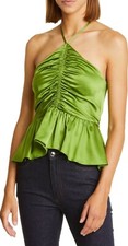 NWT cinq a sept SILK Blend Colby Peplum Stretch Silk Halter Neck Tank Top Kelp M