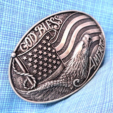 God Bless America Belt Buckle Eagle Flag Patriotic Religious Western Vtg .NOX988