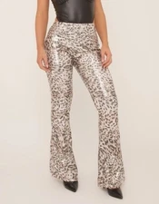 Ego High Waist Flared Trousers In Silver Leopard Print Sequin UK 6