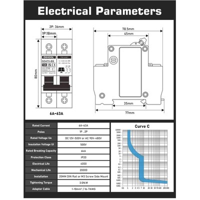 30A 2-Pole Solar Disconnect Switch, DIN Rail Mount
