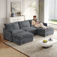 Corduroy Fabric 3-Seater Comfy Cloud Couch with 2 Movable Footrest for Living R