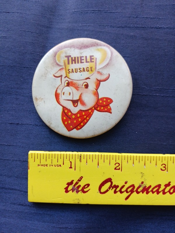 Thiel Sausage Pinback Metal Button Chef Pig character,  2-1/4" diameter