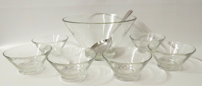 Vintage Mid Century Modern Paperweight Bottom 7-pc. Glass Salad Bowl Serving Set