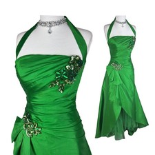 Emerald Green Taffeta Halter Gown: Beaded Appliqu&eacute;,  Y2K Prom Dress