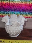 Fenton Hobnail On Milk Glass Vase With Ruffled Rim  5" wide x 4" Tall
