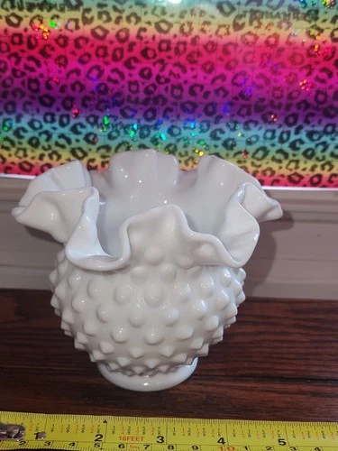 Fenton Hobnail On Milk Glass Vase With Ruffled Rim  5" wide x 4" Tall