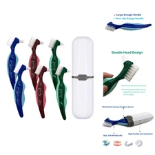 Double-Sided Denture Brush Pack of 6 - Multi-Layered Bristles & Carrying Case