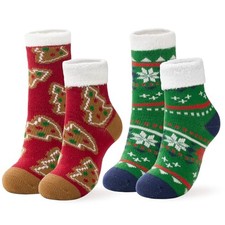 Thick Christmas Socks for Women Fuzzy Cabin Green Snowflake/Red Christmas Tree