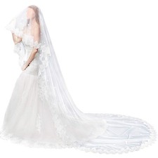   Wedding Bridal Veil Cathedral Lace Edge Womem's Long Appliques Veil 2 Tier,...