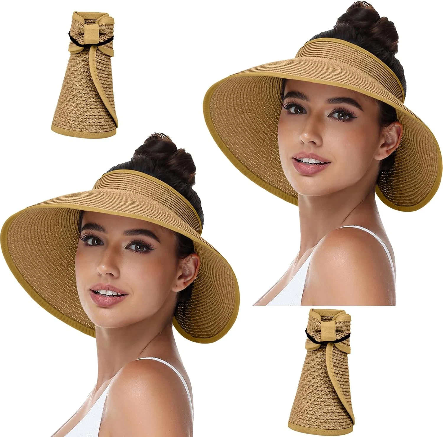 Sun Hats Visor for Women, UV UPF Straw Beach Hat Foldable Wide Brim Ponytail Sum