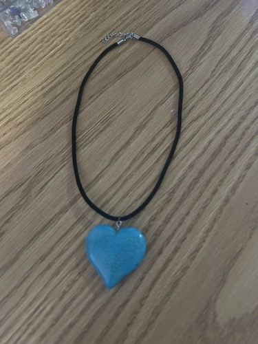 16 “ Necklace with 2" Turquoise Colored Stone Heart Pendant on Cord