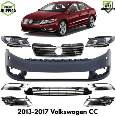 Front Bumper Cover Primed Plastic & Headlights Kit For 2013-2017 Volkswagen CC