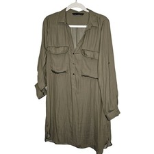 Zara Army Green Chiffon Mini Shirt Dress Roll Tab Lightweight Size LARGE