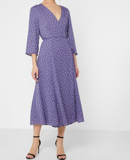 MANGO WRAP OVER LILAC POLKA DOT 3/4 SLEEVE MIDI DRESS - Size M - RRP £49