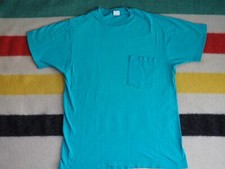 VTG 70s 80s Fruit Loom Faded Teal Blue Pocket Blank Tee T-Shirt USA Made M