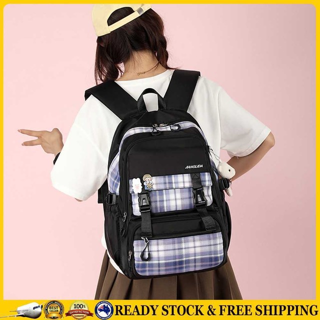 Cute Plaid Backpacks Large Capacity Travel Pendant High School Book Bags (Black) Cute Plaid Backpacks Large Capacity Travel Pendant High School Book Bags (Black)
