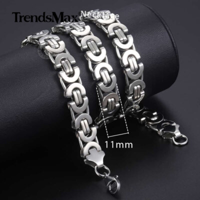 11mm Heavy 316L Stainless Steel Flat Byzantine Link Chain Necklace 18-36 inches