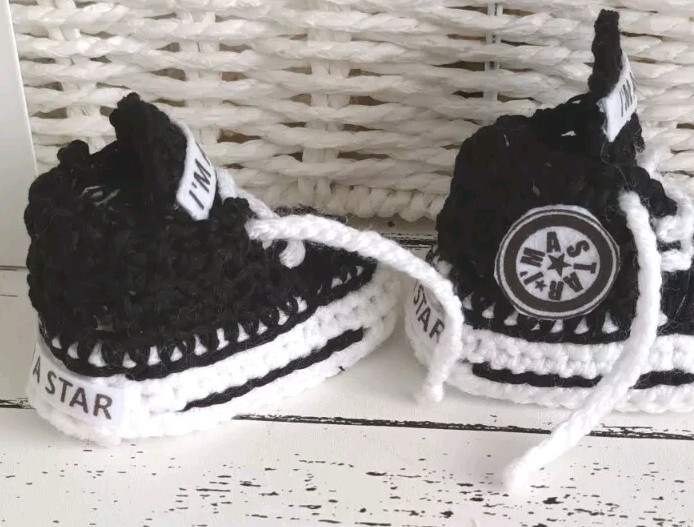 Baby Crochet Cotton SHOES Lace Sneakers HANDMADE TRAINERS Black-white 