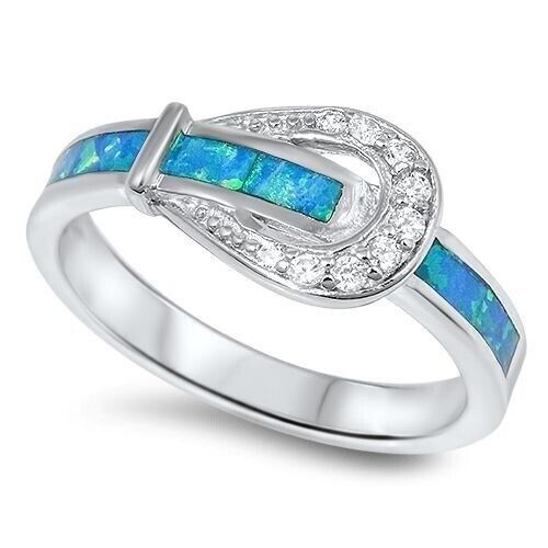 New. Size 5, Sterling Silver Buckle Ring. Blue Synthetic Opal - Zdjęcie 1 z 2
