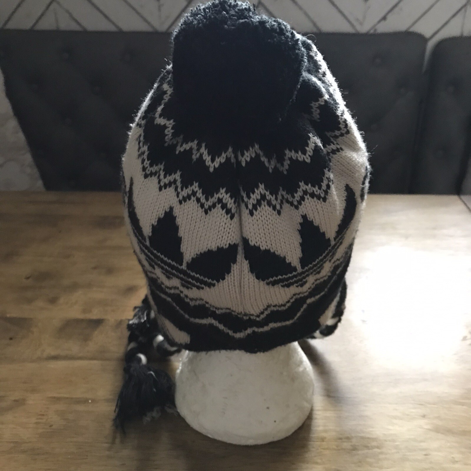 ADIDAS Peruvian Bobble Hat Plaits Black & White Faux Fur Lined Trapper Tre Foil eBay