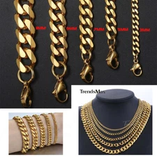 3/5/7/9/11mm Gold Plated Curb Cuban Chain Jewelry Set Necklace Bracelet 7-30"