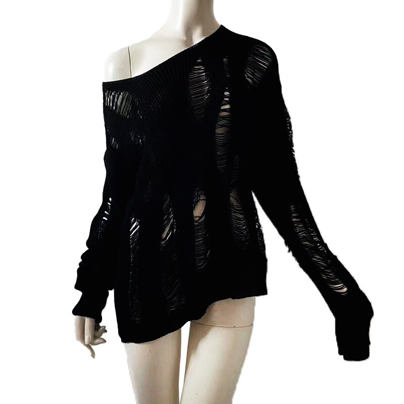 HOT HEW Punk Rave Goth Rock Fashion Black Knit Sweater Shirt Tops Steampunk Sexy