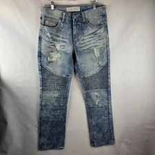 Bleecker Mercer Jeans Men 32x30 Blue Denim Slim Taper Fit Moto Distressed Bleach