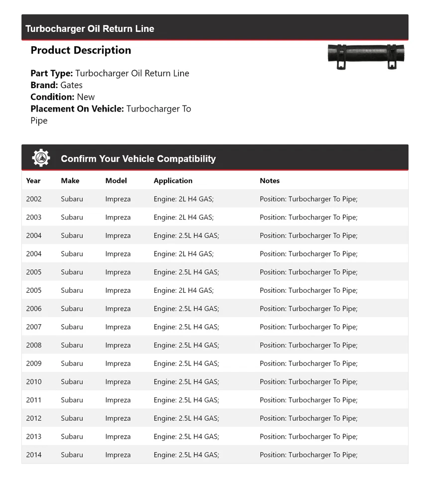 Puertas de línea de retorno de aceite turbocompresor Subaru Impreza 2002-2014 2003 2004 2005 Foto 2 de 4