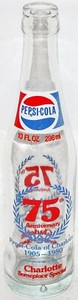 Vintage ACL soda pop bottle PEPSI COLA 75th Anniversary 1980 Charlotte 3 color