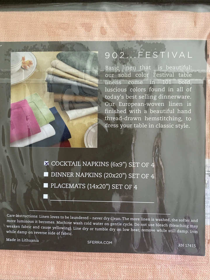 Sferra Festival 902 Linen Cocktail Napkins Set of 4 6x9" Color Cameo NIP - Image 4 of 4