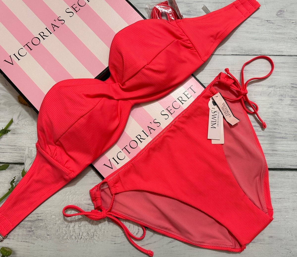 Victoria's Secret Swim Twist Front Strapless Coral Blaze Bandeau