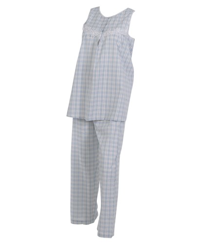 Ladies Seersucker Pyjamas Set Floral Lace Detail Check PJs 100% Cotton Nightwear - 第 10/19 張圖片